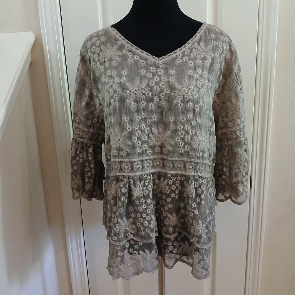 Adora Sheer Floral Embroidered 100% Cotton Blouse 3/4 Bell Sleeves S/M Boho